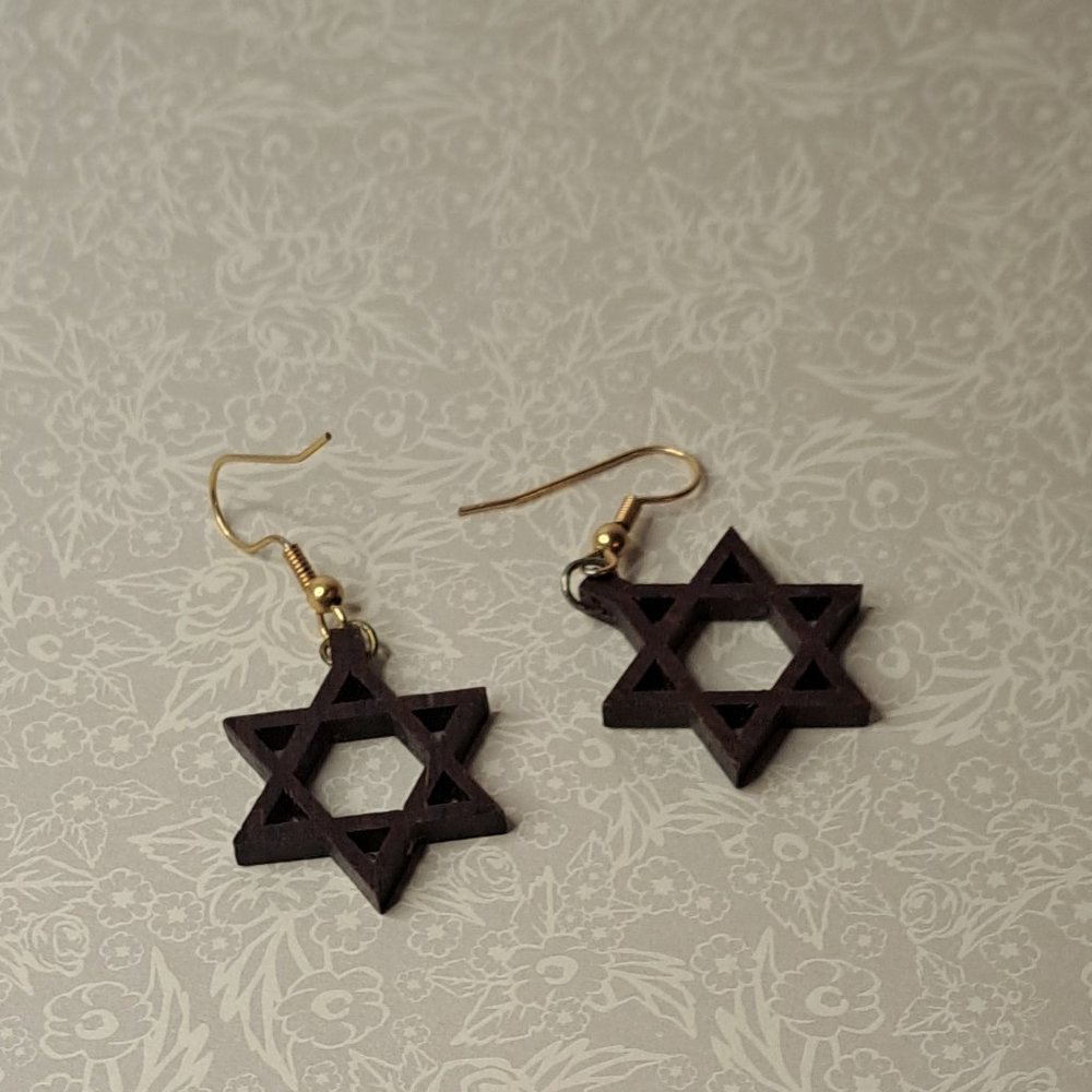 VINTAGE Wood Star of David Earrings - Picture 5 of 7